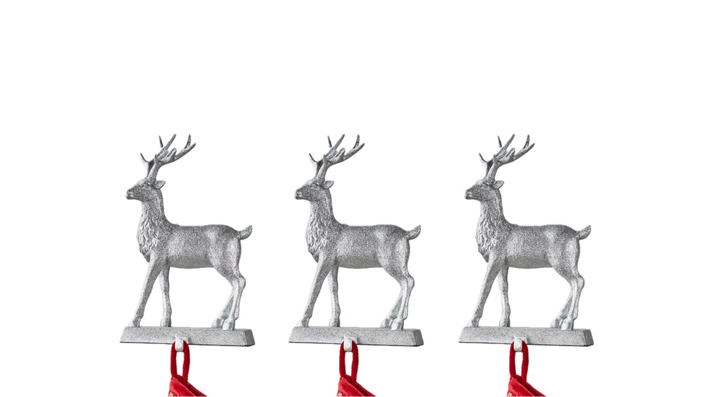 Set of 3 Christmas Stocking Holders, Silver Glitter Reindeer, NEW